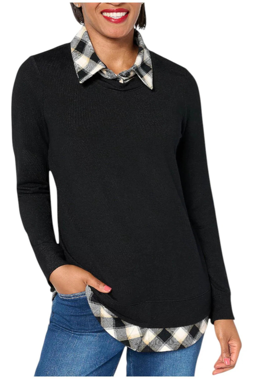 Denim & Co. Women's Heavenly Jersey Solid/Plaid Long Sleeve Top Black - Plus